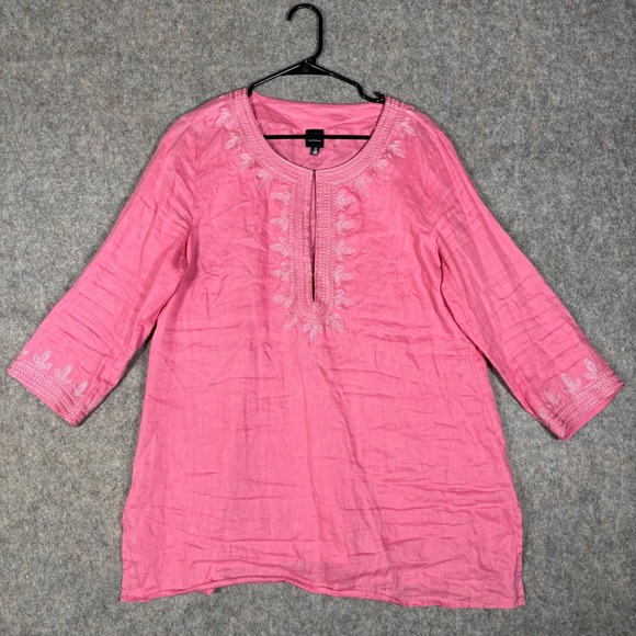 Blue Saks Fifth Avenue Tops - Blue Saks Fifth Avenue Tunic‎ Womens Large Pink Linen Embroidered boho coastal